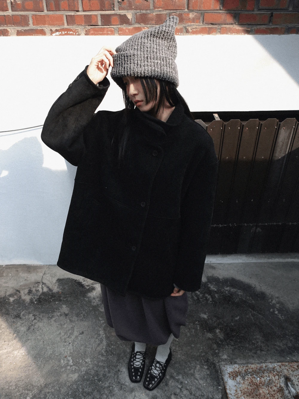 피넛 무스탕 하프 코트