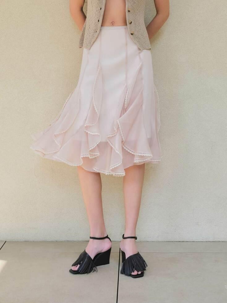 Frill Chiffon Midi Skirt, Peach