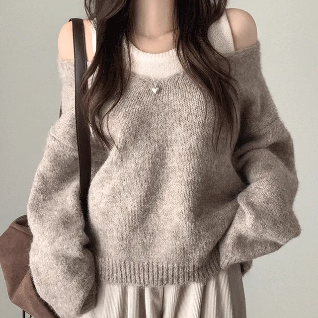 단독특가🖤[니트SET/존예핏💓] 헤븐 아방 여리핏 앙고라 울 보카시 레이어드 오프숄더 긴팔 니트 나시 세트 3color