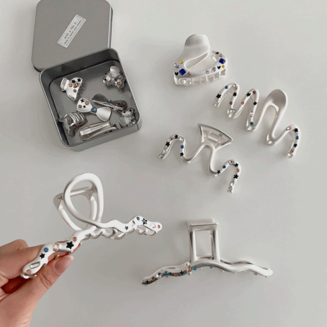 [인기템] 유니크 큐빅 실버 미니 무광 헤어집게핀 9type