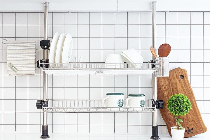 기둥식 스텐 와이드 식기건조대 2단 물받이+스텐수저통+접시꽂이+행주걸이