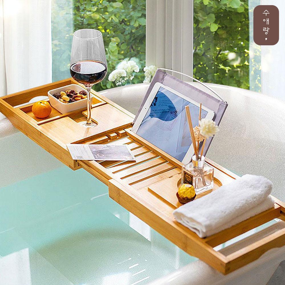 대나무 우드 욕조트레이 길이조절형 반신욕 거치대 와인 태블릿 다용도 스파