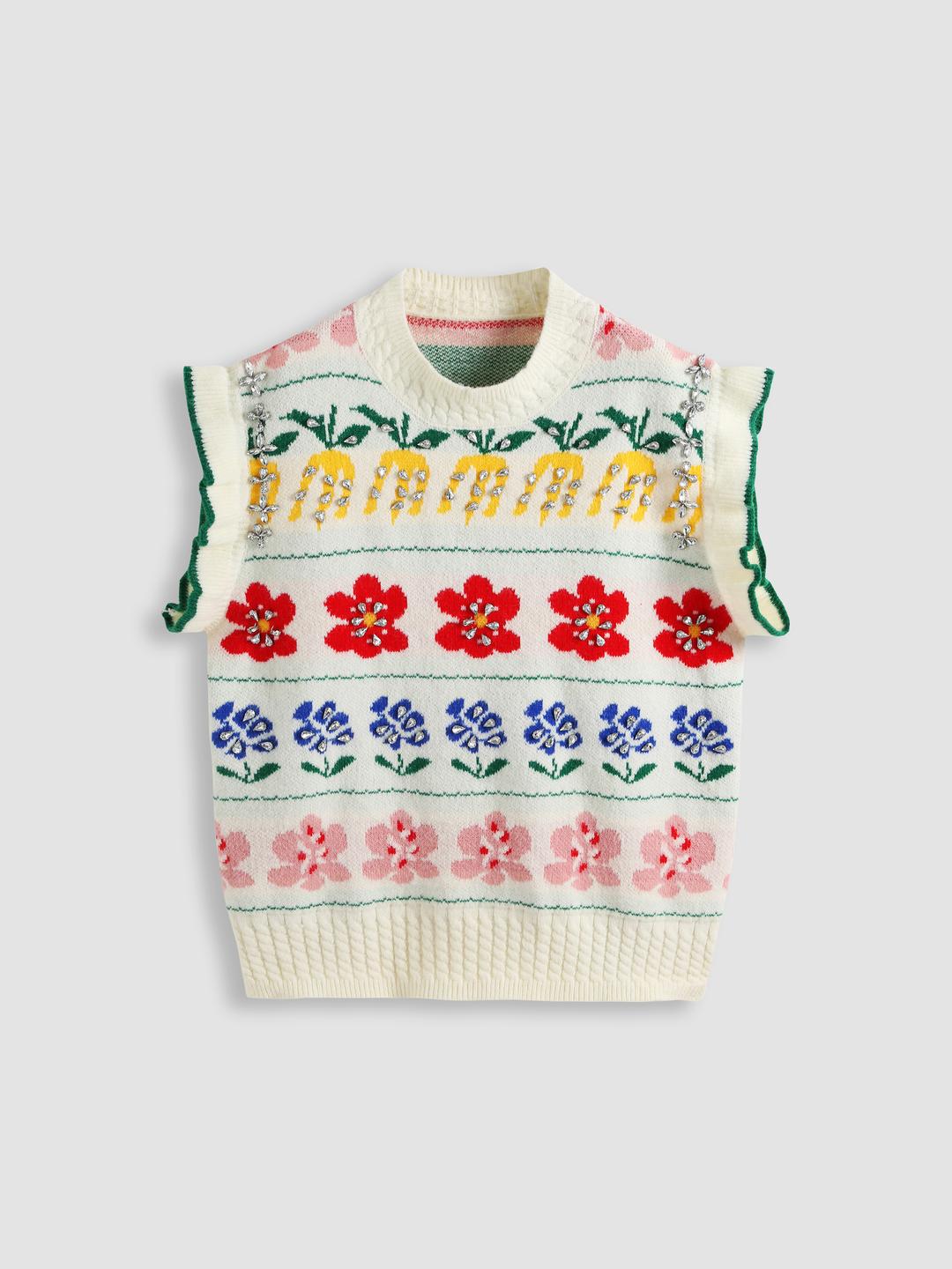 Ruffle Floral Stripe Knit Vest