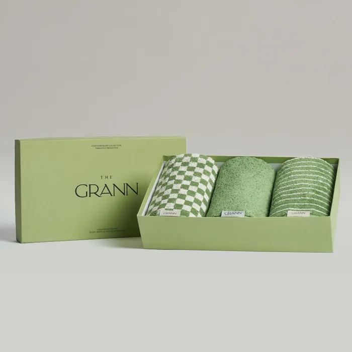 페이스 타월 3P 기프트 세트 -세이지, 세이지 체커보드, 세이지 스트라이프