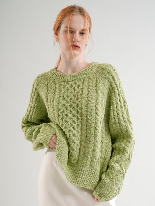 Cable Wool Round Knit (Yellow_green)