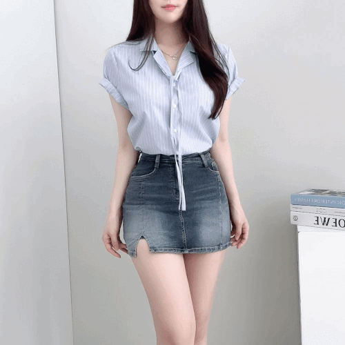 [인스타갬성셔츠ღ] 로지드 스트라이프 반팔 카라 셔츠 타이 세트 3color