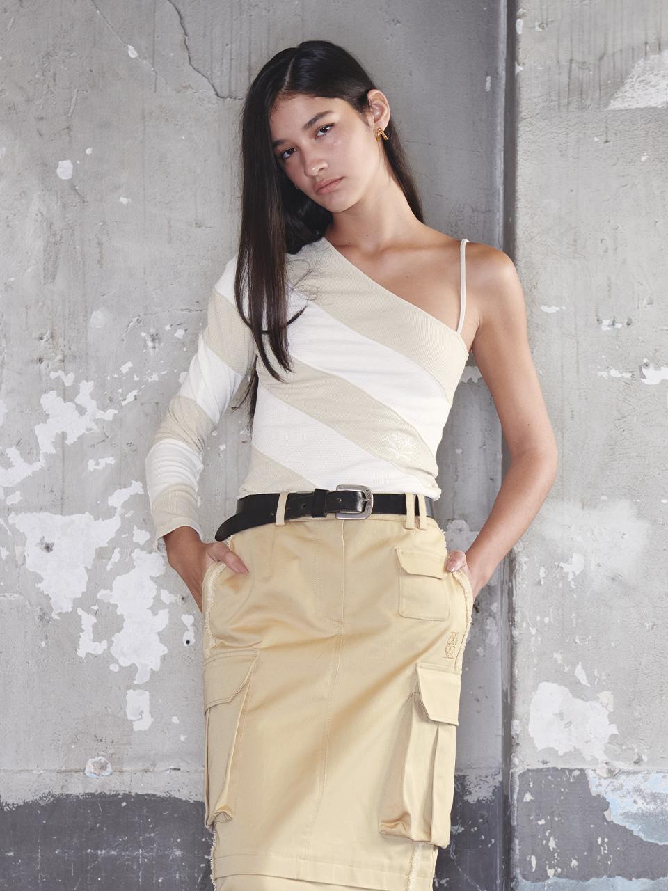 Oblique One-Shoulder Top Beige Off-White