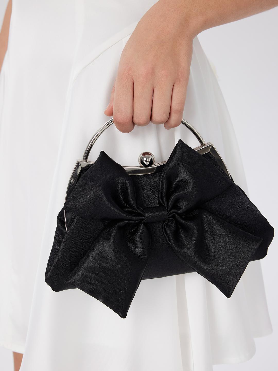 BOW METALLIC CHAIN STRAP SATIN CLUTCH BAG