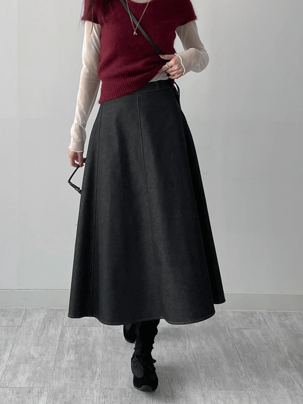 스티치 데님 플레어 롱 스커트 (2C)