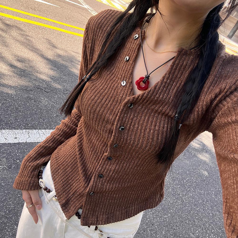 [허리잘록/3color] 브렌 단추 골지 브이넥 니트 가디건