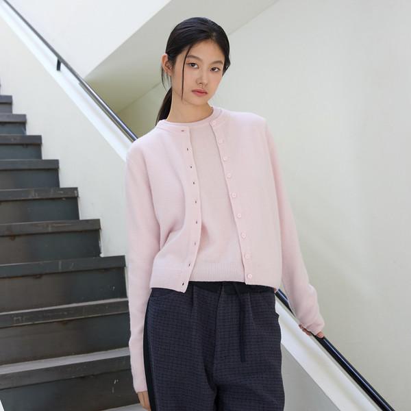 Premium 100% Pure Cashmere Round-Neck Cardigan_Powder Pink