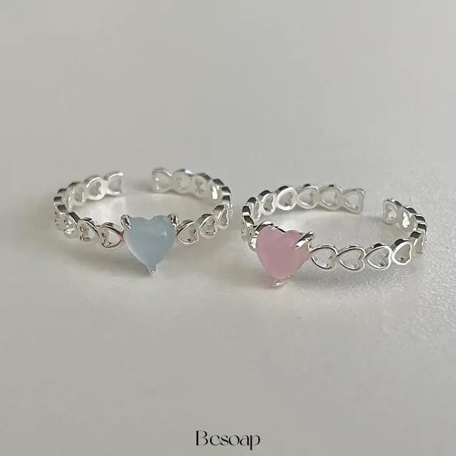 [당일발송][Silver925] Heart stone ring /하트 원석 핑크 블루 우정 순은 오픈 링 반지