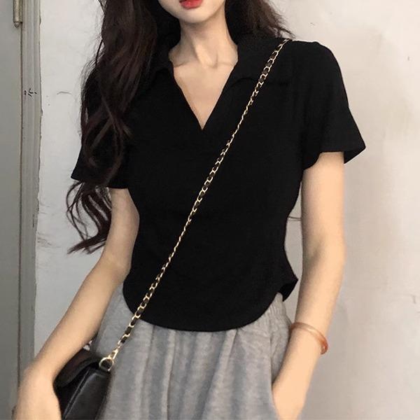[오늘출발] 페르소 브이넥 카라 반팔 크롭 티셔츠 - 	tt27695