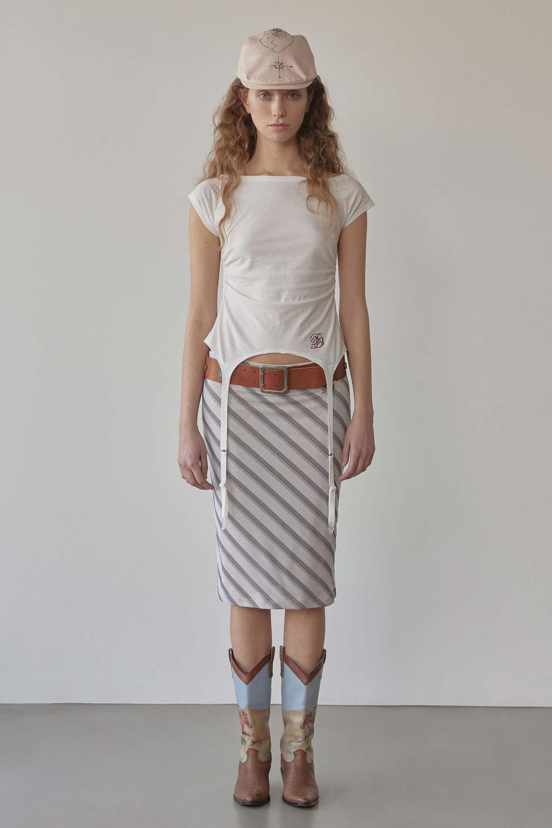 Mesh Stripe Midi Skirt Beige
