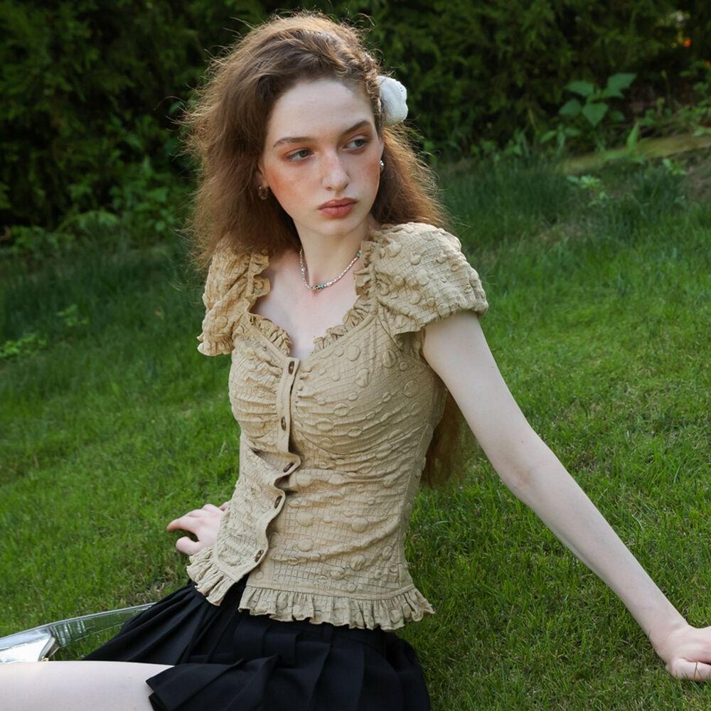 Cest_Green tree shirring blouse