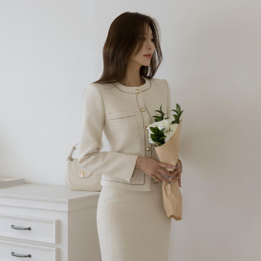 벨라 라인 배색 트위드 셋업 자켓