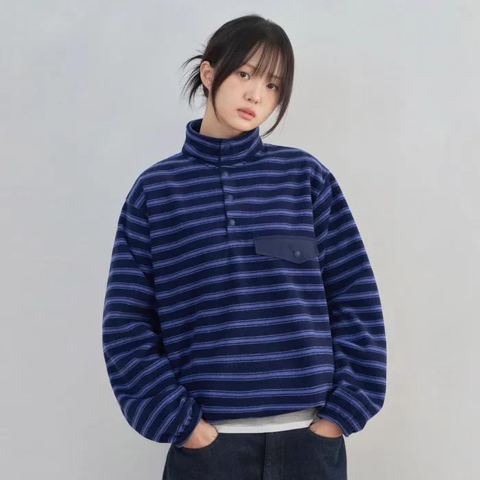 ke306-Stripe Fleece Anorak Navy