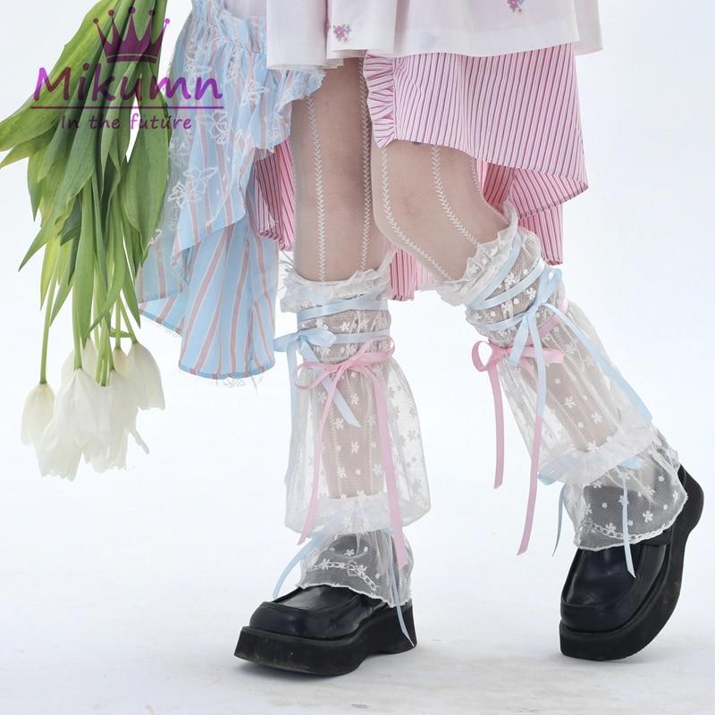 미쿤 일본 하라주쿠 소녀 스위트 블랙 화이트 레이스 레그 워머 양말, 로리타 카와이 블루 핑크 리본, 레이스업 프릴 레그 커버