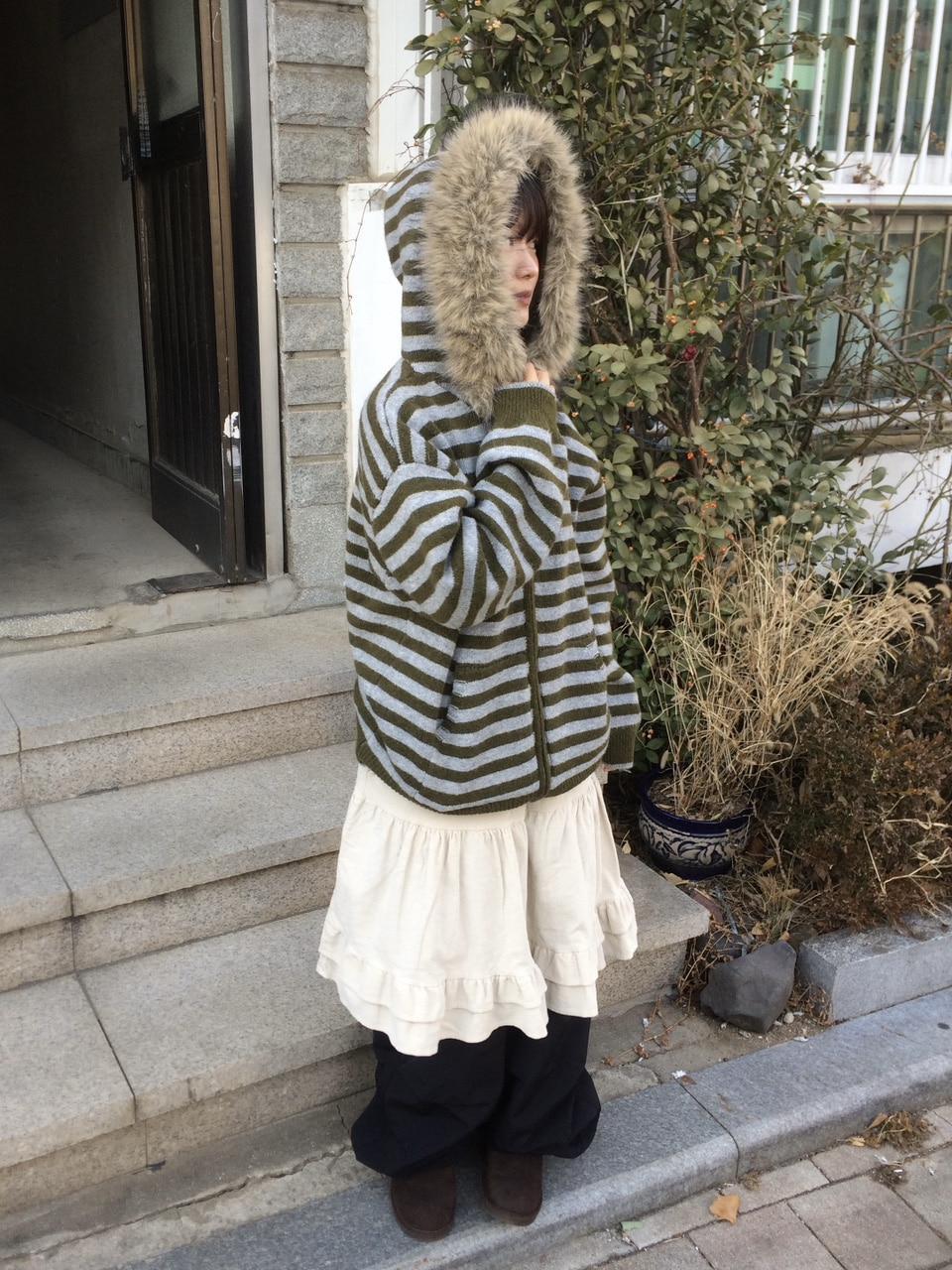 야키 배색 퍼 후드집업