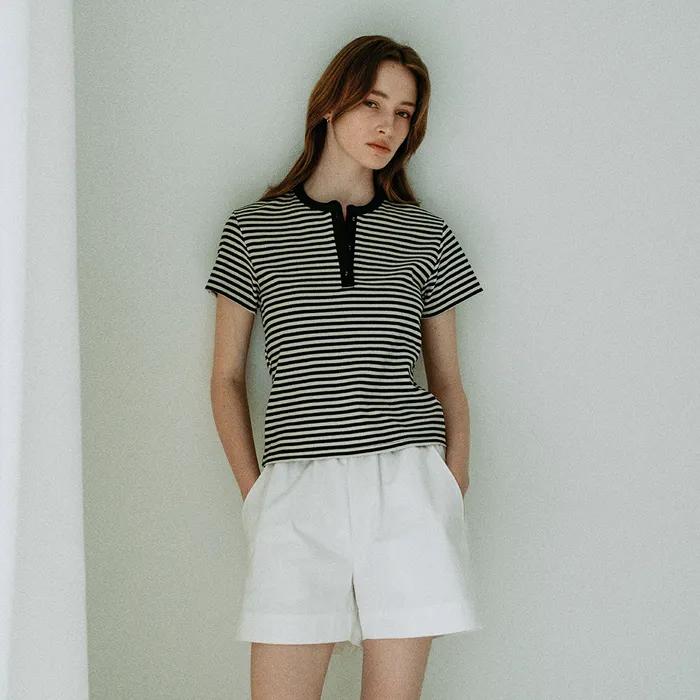2차 리오더_Stripe Button Henley Half T-shirt_Navy