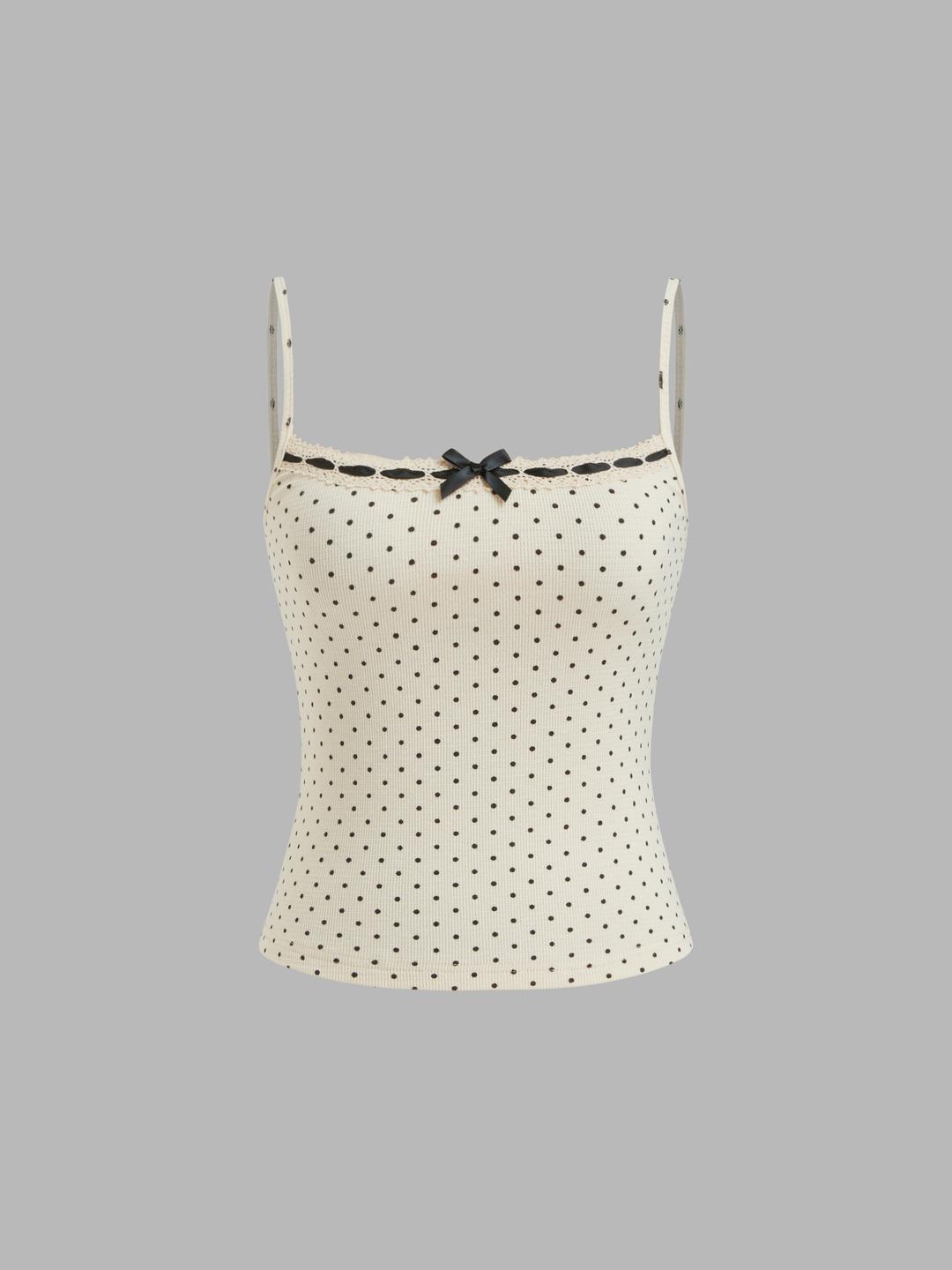 Cotton-blend Polka Dot Bowknot Cami Top