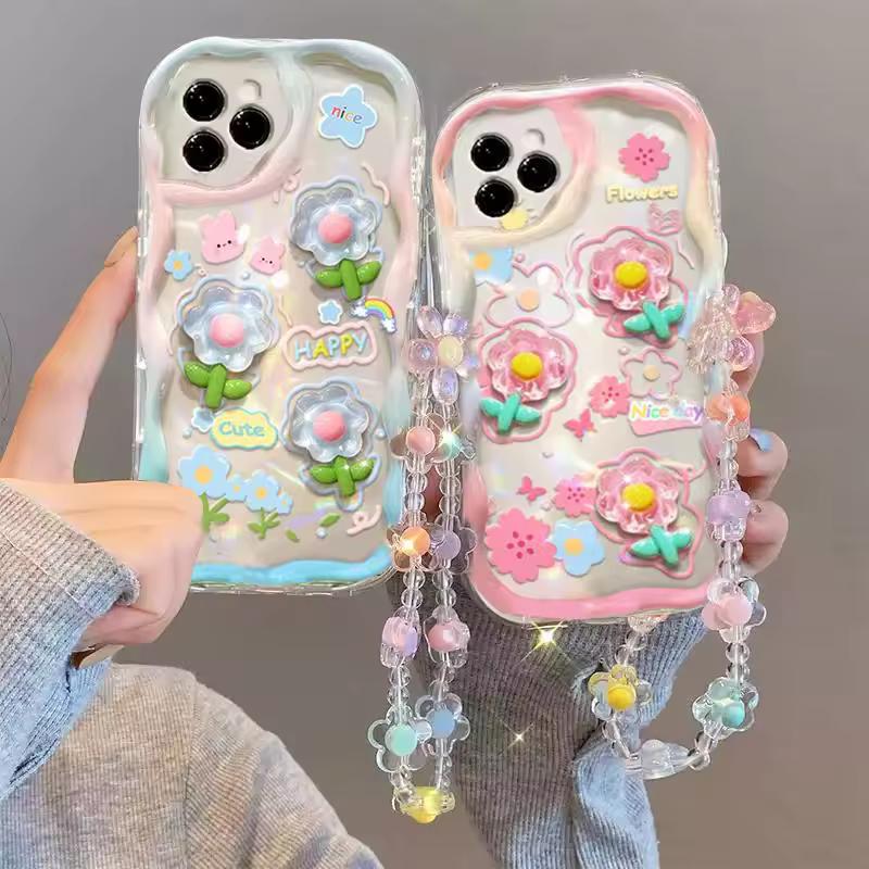 삼성 갤럭시 S24 S23 S22 S21 플러스 울트라 S23FE S21FE S20FE A12 커버에 대한 3D 만화 귀여운 꽃 케이스 손목 체인