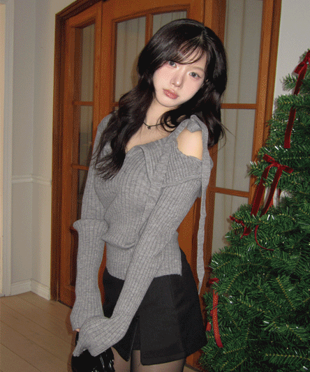 [Feminine🖤] One-shoulder ribbon ribbed team knit - 4 colors
