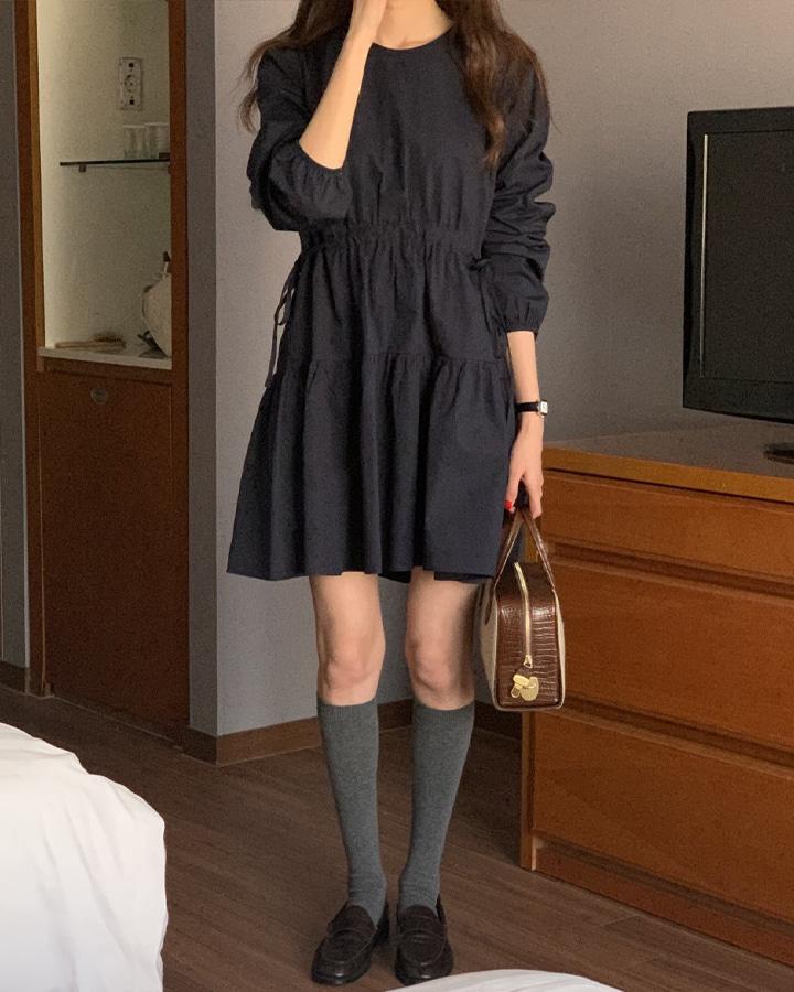 치즈 허리조절 에이라인 미니 원피스 캉캉 미디원피스 가을 면 긴팔 원피스(80472)