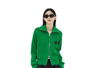 Women ribbed zipper knit jacket (fern green)