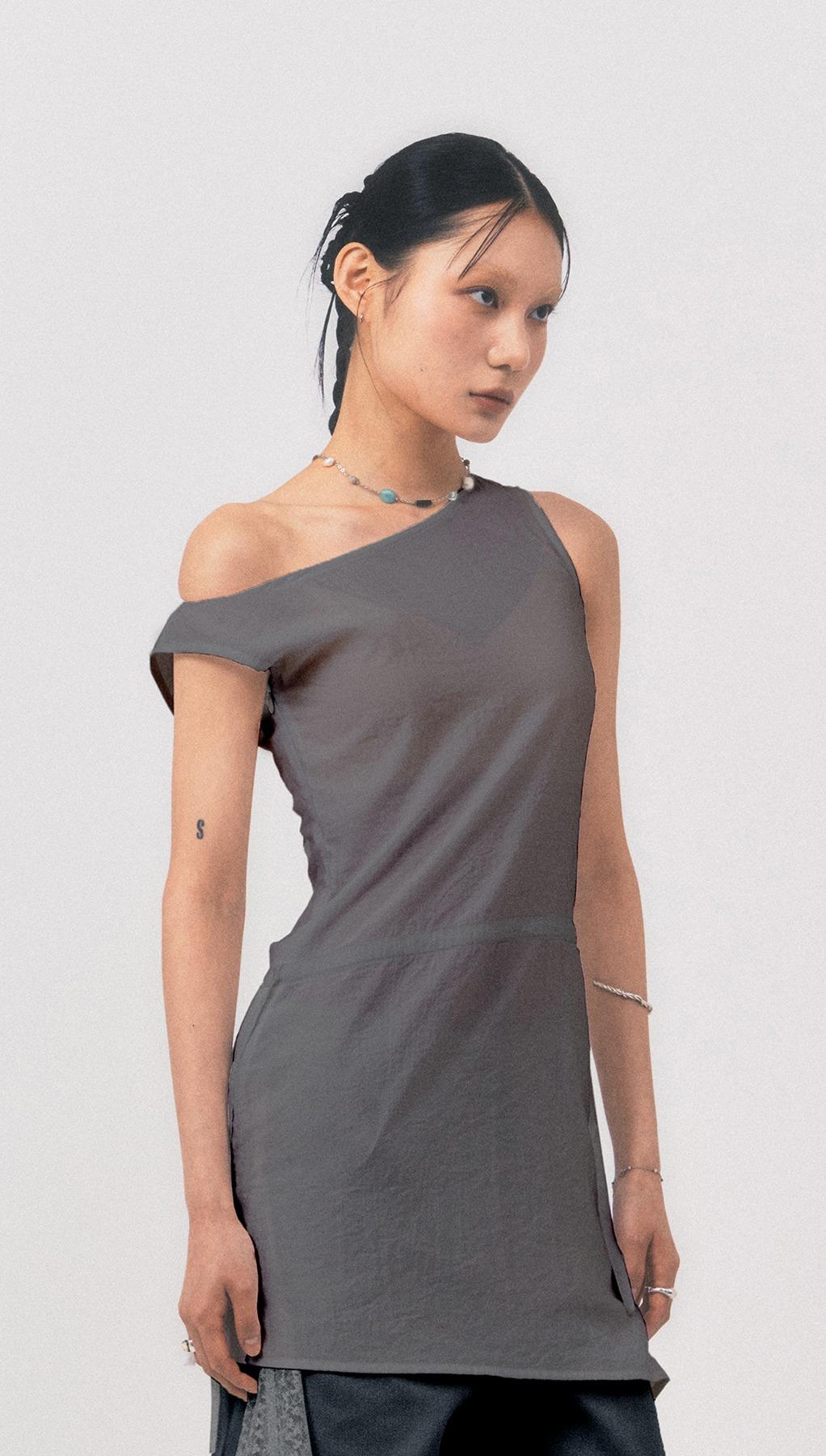 OFF SHOULDER SHEER DRESS (CHARCOAL)