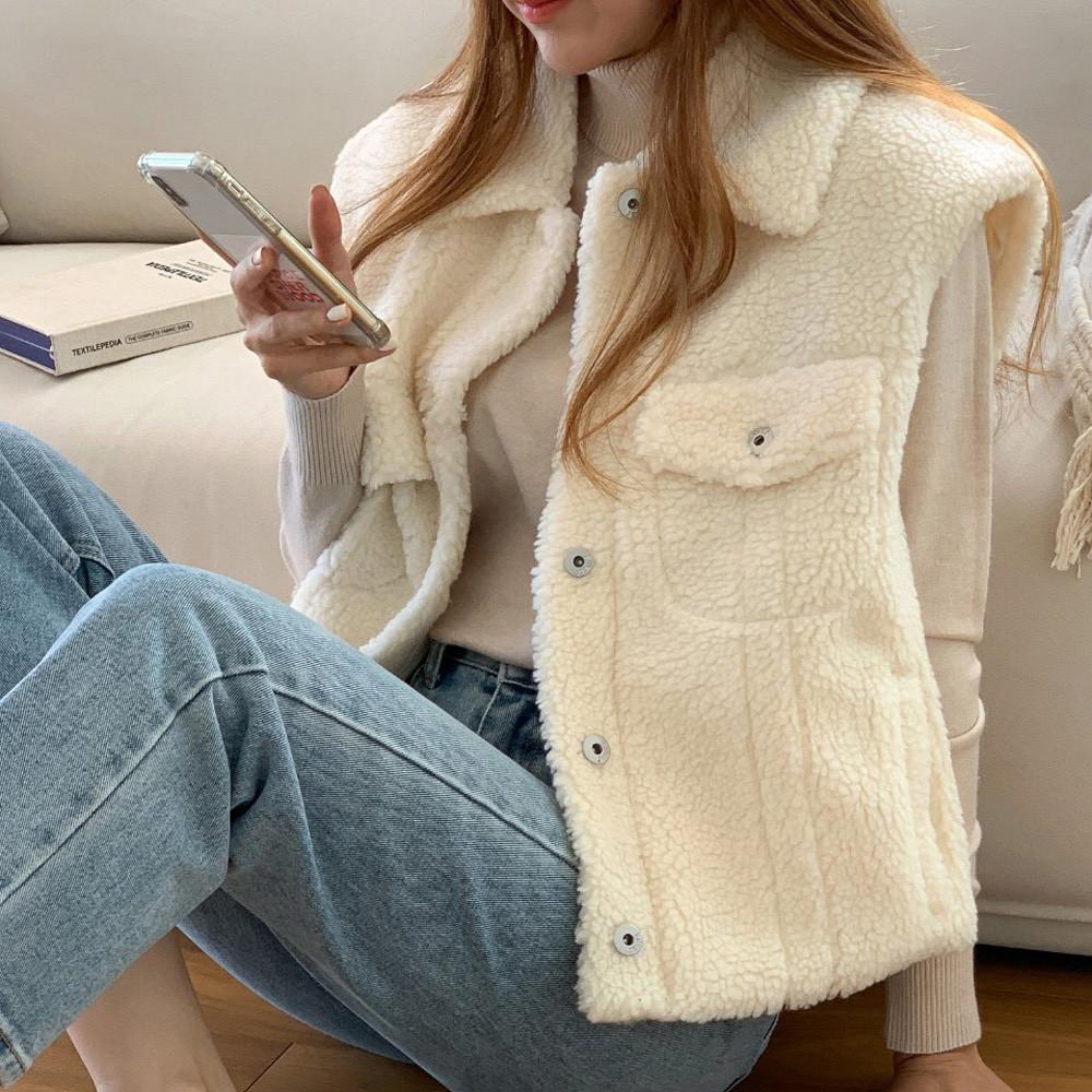 가을 겨울 여성 뽀글이 양털 양모 카라 후리스 조끼 베스트 크림 브라운