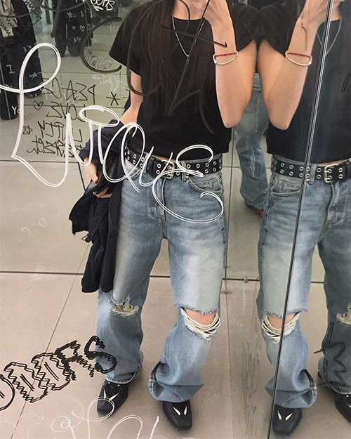 [unisex] 밀크 데미지 와이드 데님