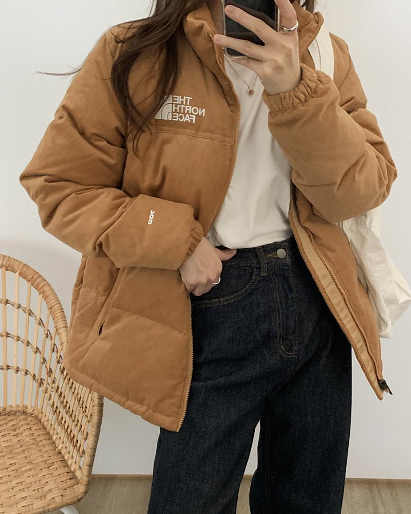노스페이스 여성 키즈 레트로 눕시 아몬드 코듀로이 덕다운 패딩 점퍼