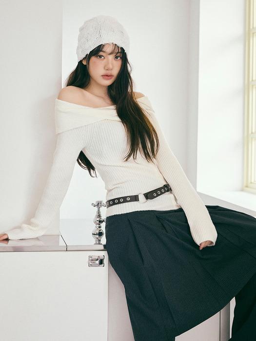 WOOL BLENDED TWIST BUTTON OFF SHOULDER KNIT IVORY