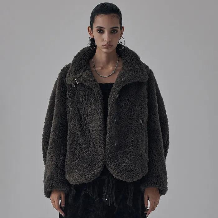 Metal Hook Button Shearing Fur Jacket [ Charcoal ]