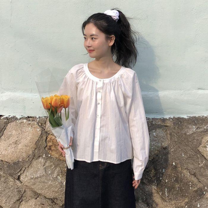 [지우,레몬에떼PICK] stripe shirring volume blouse (3color)