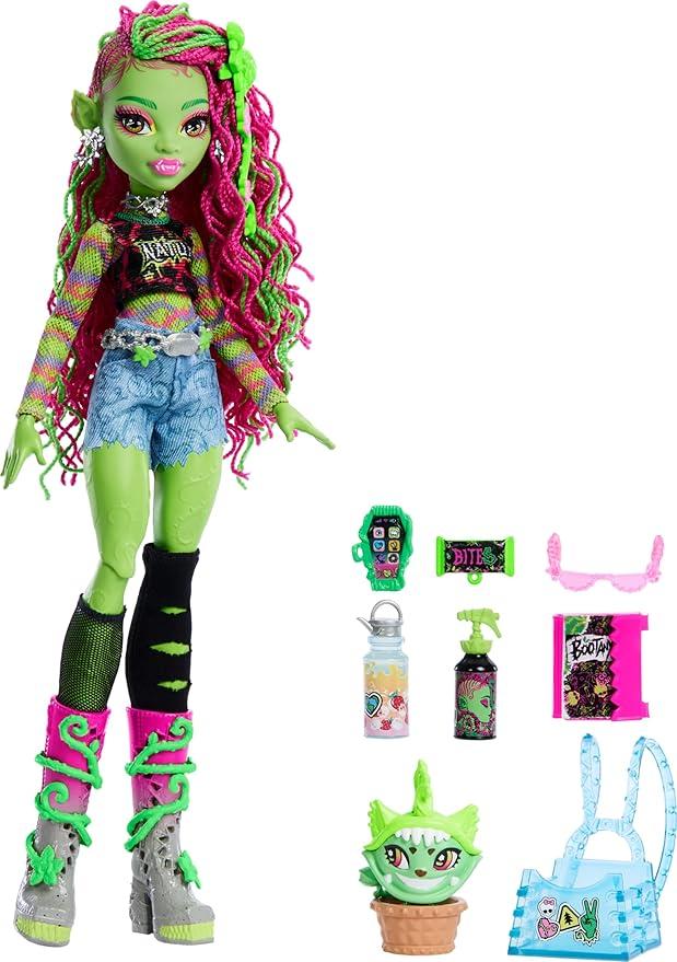 Monster High Venus McFlytrap 인형, 반려동물 고양이 츄리안 및 배낭, 노트북, 간식 등과 같은 액세서리가 있는 식물 몬스터