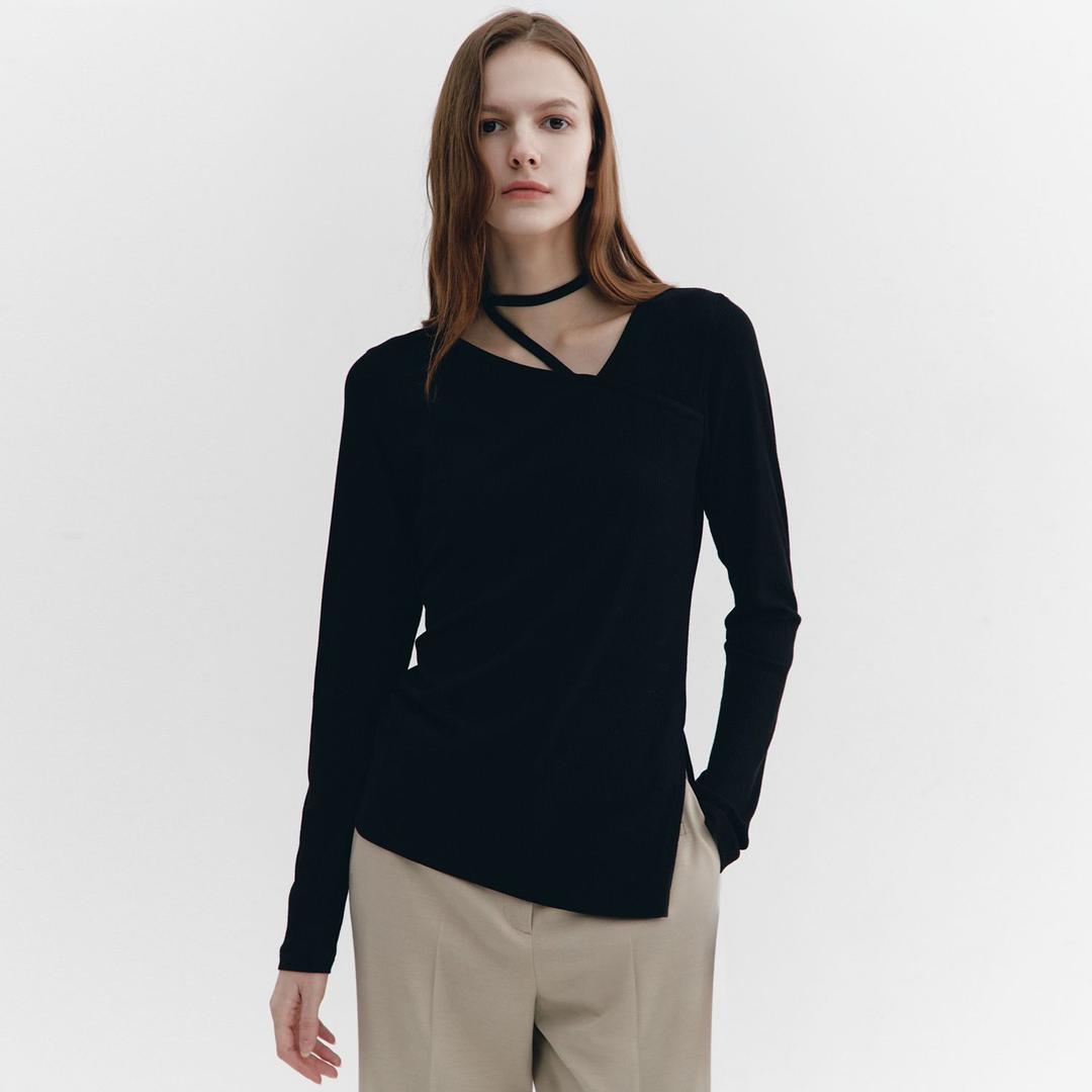Asymmetric Neckline T-shirts BLACK