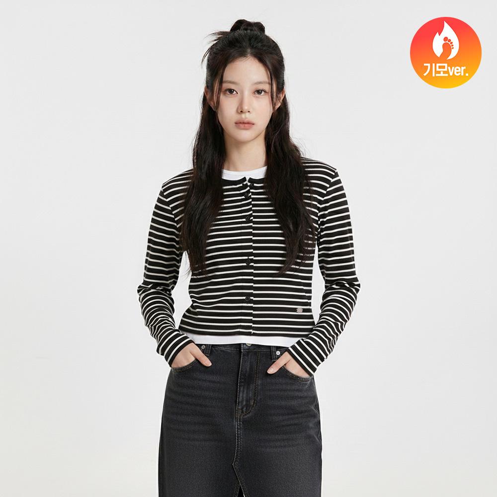 행텐 여성 웨일 스트라이프 가디건 레이어드 티셔츠_블랙
