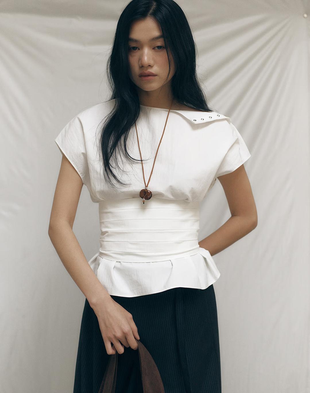 [SET] SNAP BLOUSE & PINTUCK BUSTIER SET UP [WHITE]