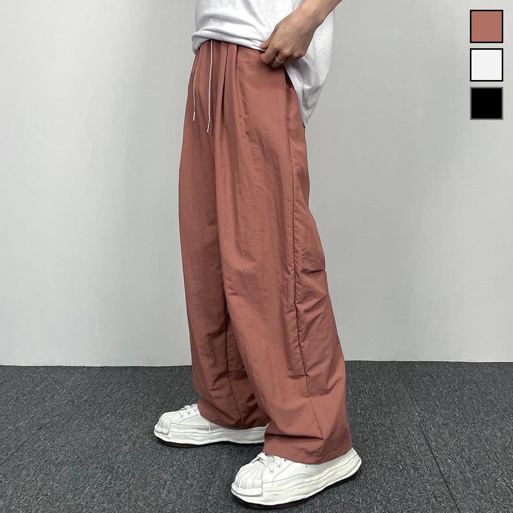 리버스 투턱 나일론 팬츠 와이드 밴딩 핑크 바지 3color