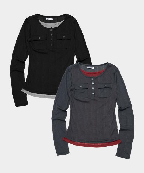 심플 레이어드 배색 멀티 포켓 베이직 롱슬리브 티셔츠 _2COLOR