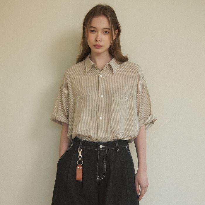 W/Stripe Unbalanced Cotton Half Shirt_3Color