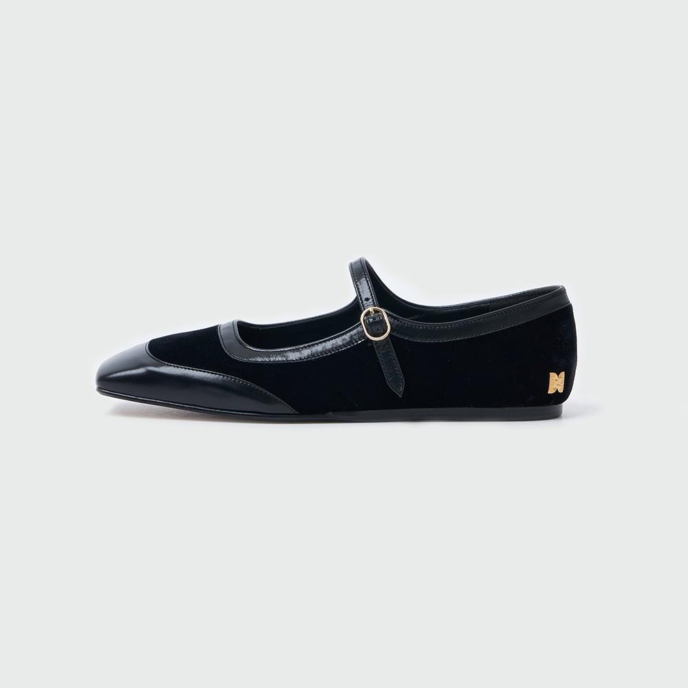 SQUARE TOE COLOR BLOCKED MARY-JANE FLATS (BLACK)