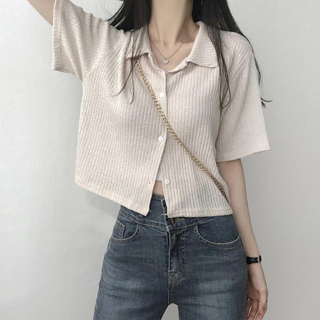 리리의감각 [가벼운니트재질] 골지 카라넥 반팔 가디건