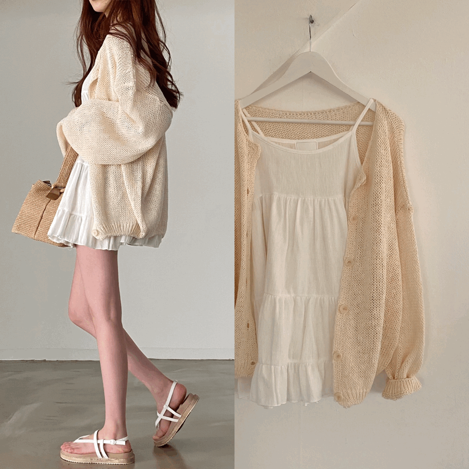 [#2천장돌파/인기코디SET] 여캉 여름버전 2탄 사랑스럽지? 슬럽 니트 가디건 + 캉캉 미니 블라우스 & 나시원피스 투피스