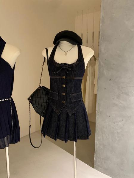 데님 홀터 베스트 플리츠 미니 스커트 세트