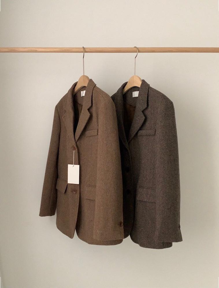 빈티지 오버핏 울 헤링본 자켓 (퍼 안감) / 베이지, 브라운