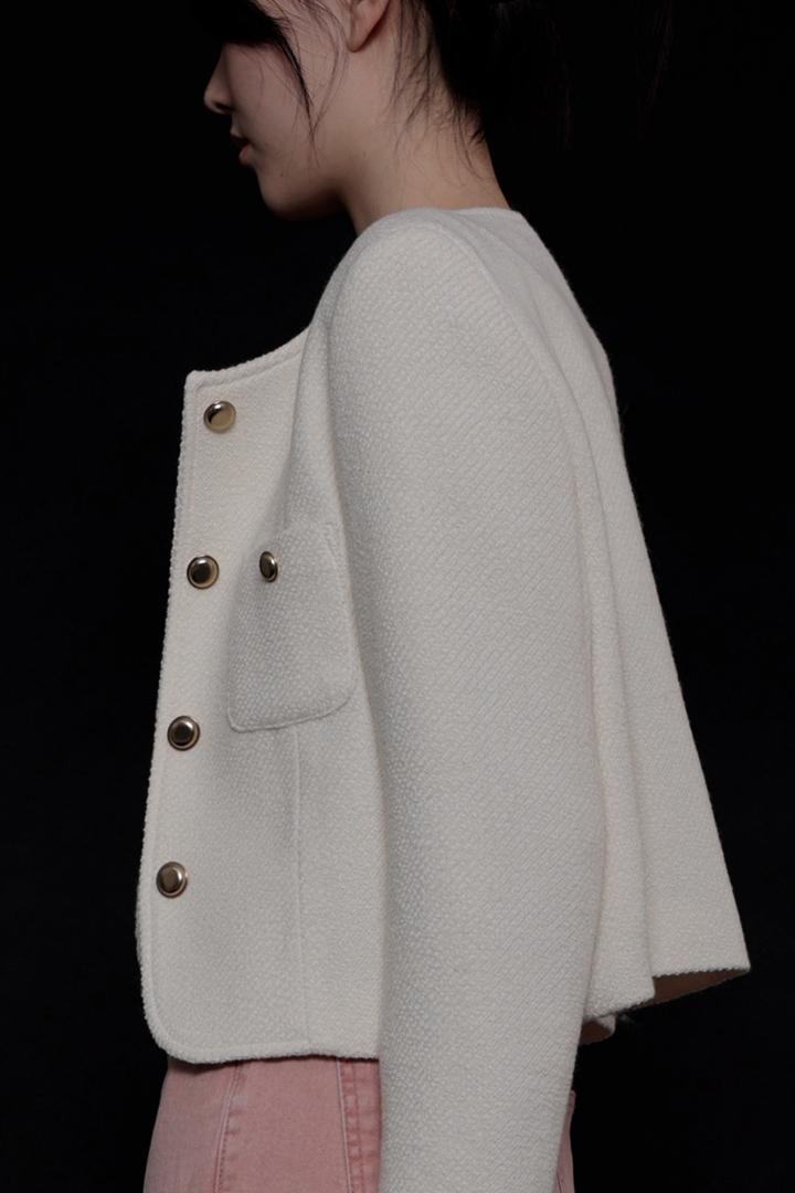 [WELL MADE] 울30 금장버튼 논칼라 소프트 트위드재킷