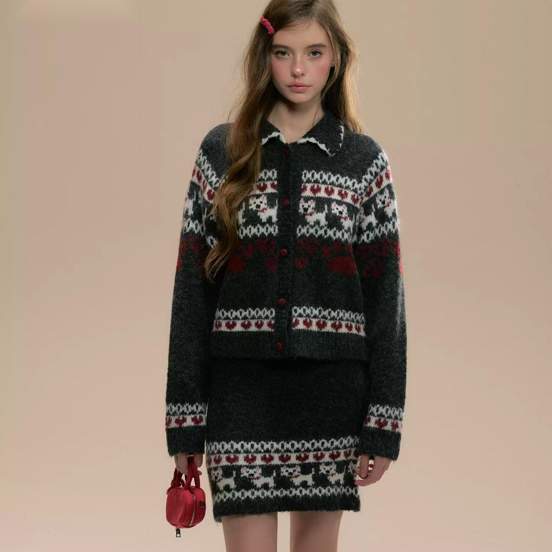 SunsetPark 강아지 카라 버튼 니트 가디건 스커트 셋업 투피스